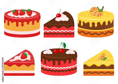 Set of fruit cakes, whole and slice. Strawberry, cherry and citrus. Vector illustration
