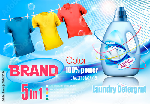 Laundry detergent ad. Plastic bottle  and colorful shirts on rope. Design template. Vector