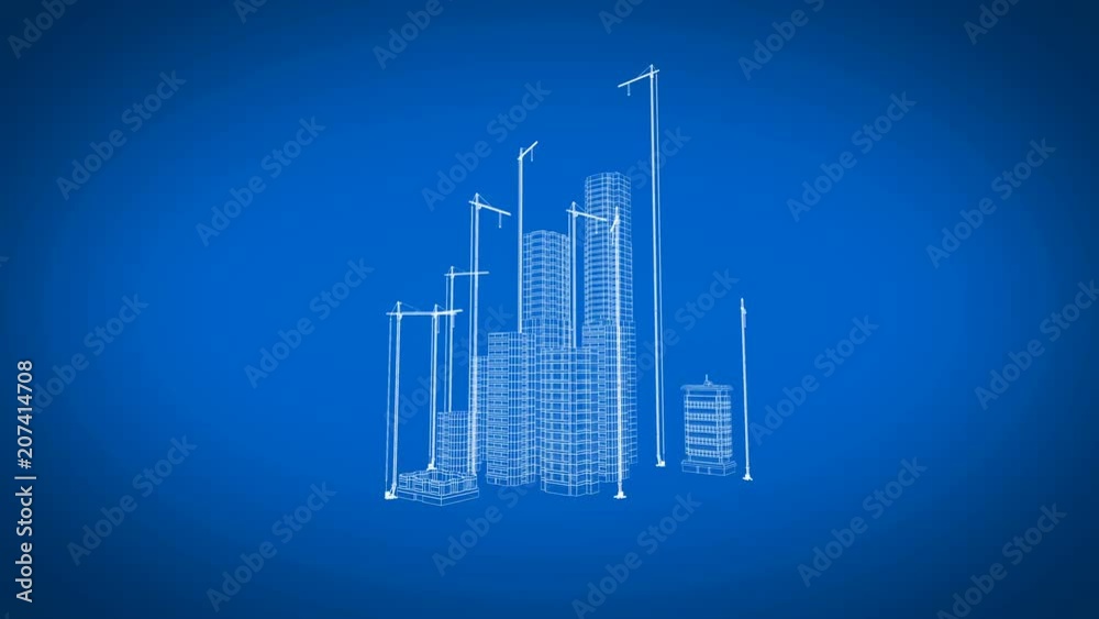 Beautiful 3d Blueprint of Contemporary Buildings with Cranes. Flying Over Growing City. Blue color 3d animation. Construction Business and Technology Concept. 4k UHD 3840x2160.