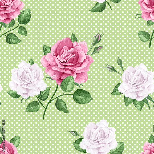 Rose flowers, petals and leaves in watercolor style on green dotted background. Seamless pattern for textile, wrapping paper, package