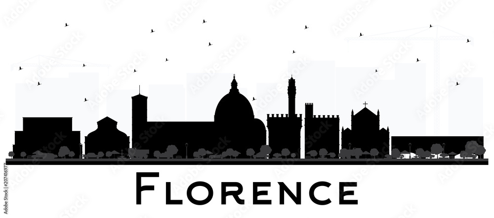 Florence Italy City Skyline Silhouette with Black Buildings Isolated on White.