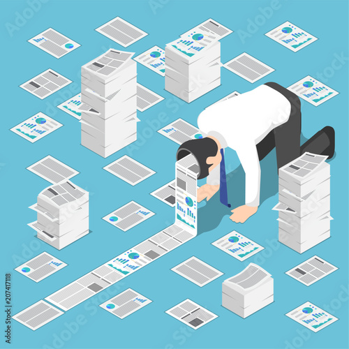 Isometric a lot of document come out from businessman head