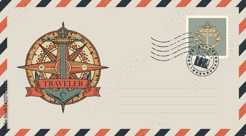 Postal envelope with stamp and rubber stamp. Illustration on the theme of travel, adventure and discovery with a ship anchor, wind rose, old nautical compass and ribbon with word Traveler