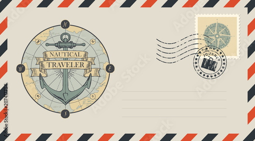 Postal envelope with stamp and rubber stamp. Illustration on the theme of travel, adventure and discovery with a ship anchor, old map, compass and ribbons with words Nautical, Traveler