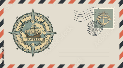 Postal envelope with stamp and rubber stamp. Illustration on the theme of travel, adventure and discovery with vintage sailing ship, planet Earth, wind rose, old nautical compass and the word Traveler