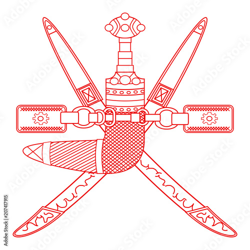 The Coat Of Arms Of Oman. Two crossed sabers in scabbards, blades down, with a superimposed Khanjar and scabbard, with the details of the straps. Oman flag. Vector