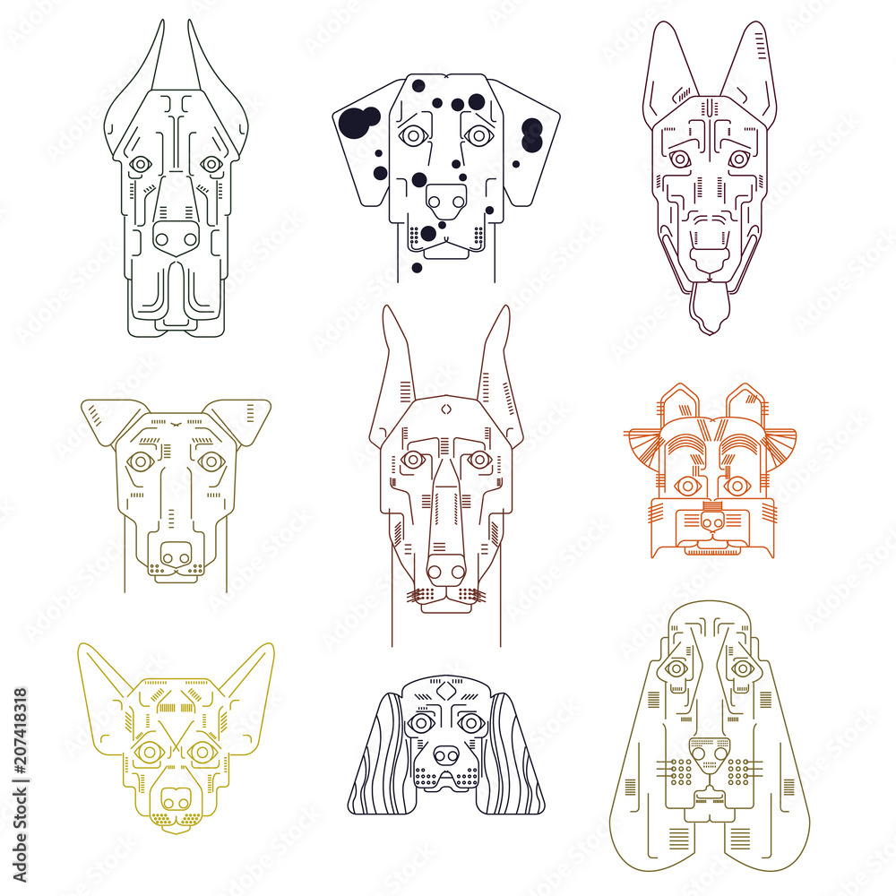 Dog vector set, different breed. Bulldog, hand small doggie terrier, maltese-dog. Icons. Spaniel, bulldog, chihuahua, chow-chow, jack russel terrier, yorkshire, scottish terrier, badger, pitbull.