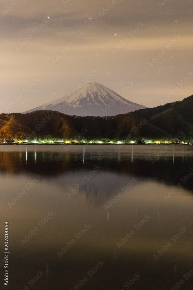 Mountain Fuji and Kawaguchiko lake at night time