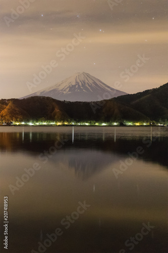 Mountain Fuji and Kawaguchiko lake at night time