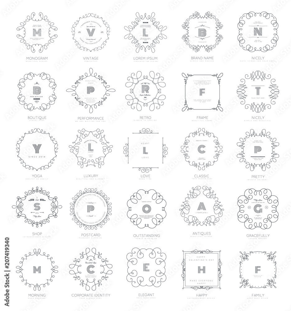 Set of luxury monogram logo templates. Elegant design for business sign, restaurant, wedding shop, jewelry, fashion, product design, brand sign. Vector illustration. Set of luxury monogram logo templates. Elegant design for business sign, restaurant, wedding shop, jewelry, fashion, product design, brand sign. Vector illustration.