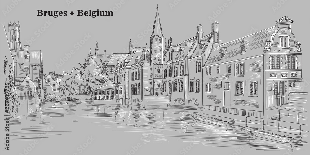 View on Rozenhoedkaai water canal in Bruges, Belgium, Europe, grey