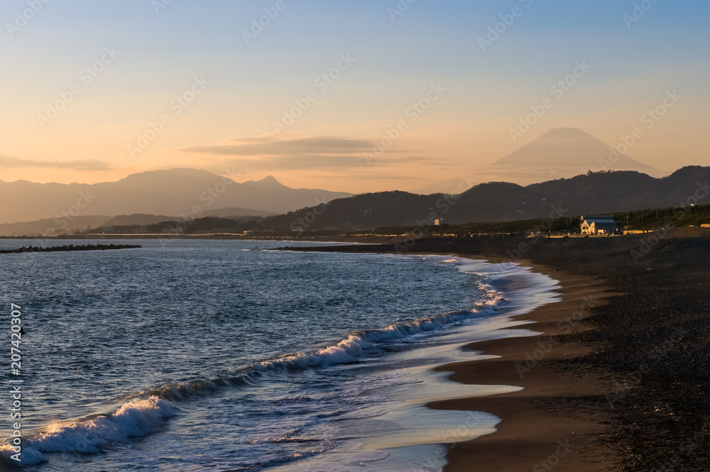 Mount Fuji and sand beach at sunset
