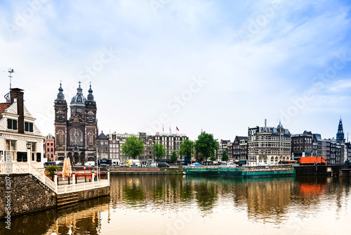 Amsterdam  Netherlands - May 23  2018   Beautiful street view of Traditional old buildings in Amsterdam Netherlands
