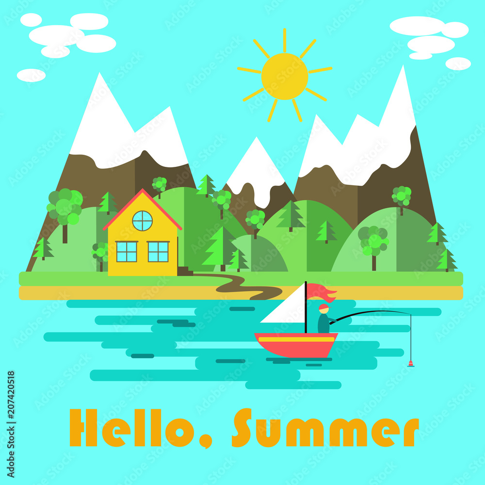 Summer nature poster with hello summer inscription on blue background with sea. Vector illustration