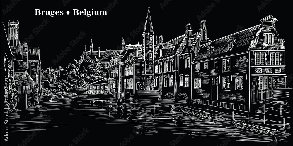 Fototapeta premium View on Rozenhoedkaai water canal in Bruges, Belgium, Europe, black
