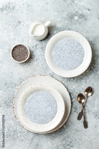 Healthy breakfast set. Chia seed pudding bowls