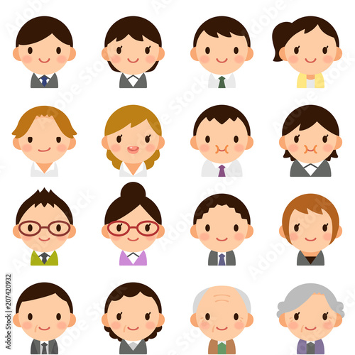 Isolated set of people all generation man & woman flat style avatar expressions © Natsumi Saito