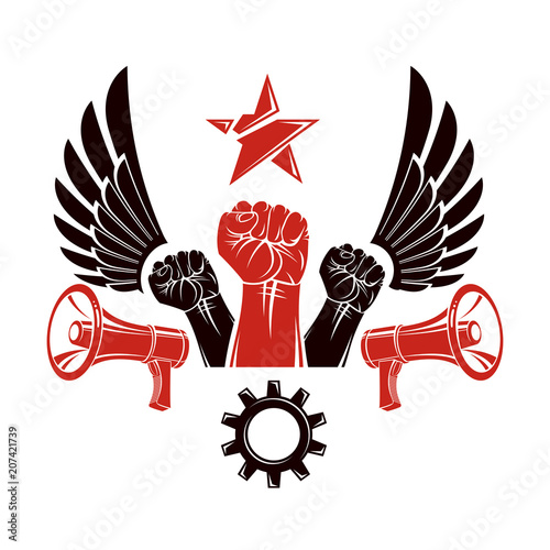 Raised clenched fists vector illustration composed with loudspeakers equipment and engineering cog wheel. Propaganda as the means of manipulation and control