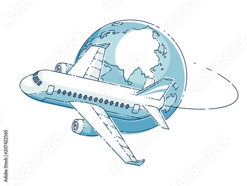 Airlines air travel emblem or illustration with plane airliner and planet earth. Beautiful thin line vector isolated over white background.