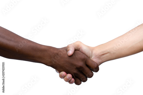 African and American shaking hands isolated on white background with clipping path