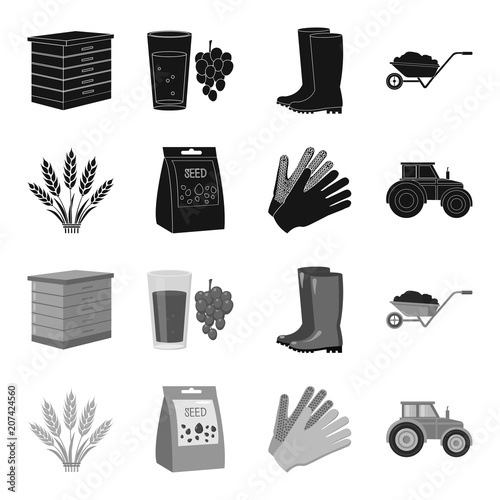 Spikelets of wheat, a packet of seeds, a tractor, gloves.Farm set collection icons in black,monochrome style vector symbol stock illustration web.