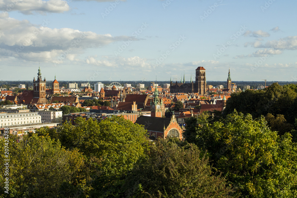 View of the city of Gdansk from a high point on a sunny day. Poland