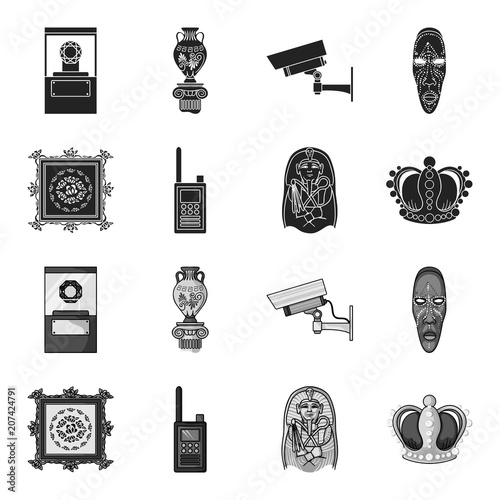 Picture, sarcophagus of the pharaoh, walkie-talkie, crown. Museum set collection icons in black,monochrome style vector symbol stock illustration web.