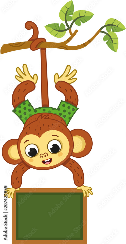 Fototapeta premium Cute monkey on a tree swinging with a board. Vector illustration.
