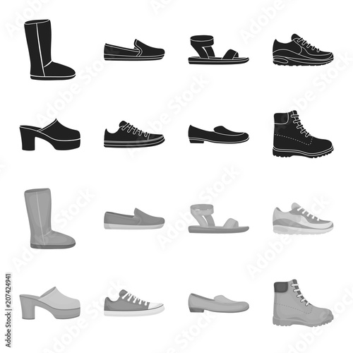 Flip-flops, clogs on a high platform and heel, green sneakers with laces, female gray ballet flats, red shoes on the tractor sole. Shoes set collection icons in black,monochrome style vector symbol