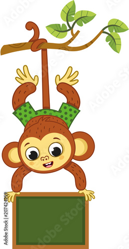 Cute monkey on a tree swinging with a board. Vector illustration.