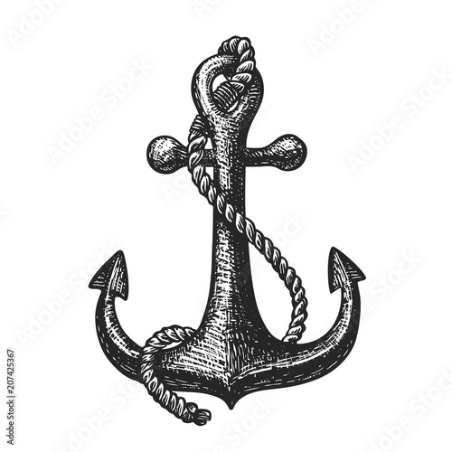 Hand-drawn ship anchor and rope. Vintage sketch vector illustration