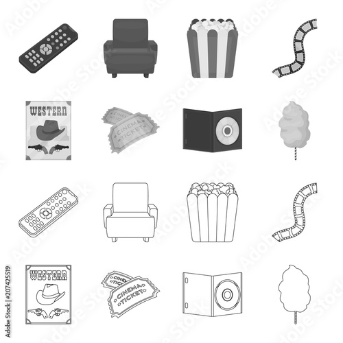 Western cinema, tickets, sweet cotton wool, film on DVD.Filmy and cinema set collection icons in outline,monochrome style vector symbol stock illustration web.