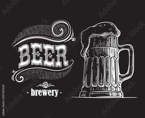 beer mug filled with beer. Vintage vector engraving sketch illustration for web, poster, invitation to party. Hand drawn design element isolated on black background.