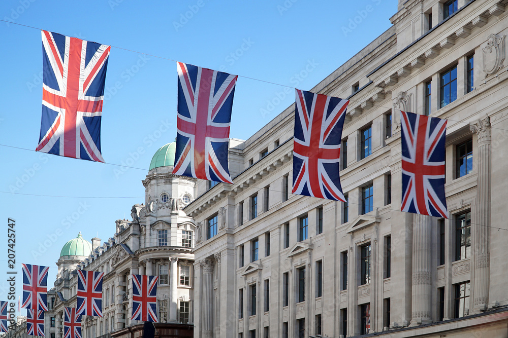 London, Regent Street with Jack Union flags.
