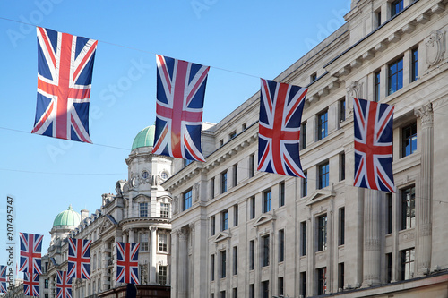 London, Regent Street with Jack Union flags.
