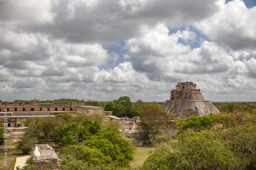 View from the top of the pyramid to the ancient city of Maya Uxmal. Mexico