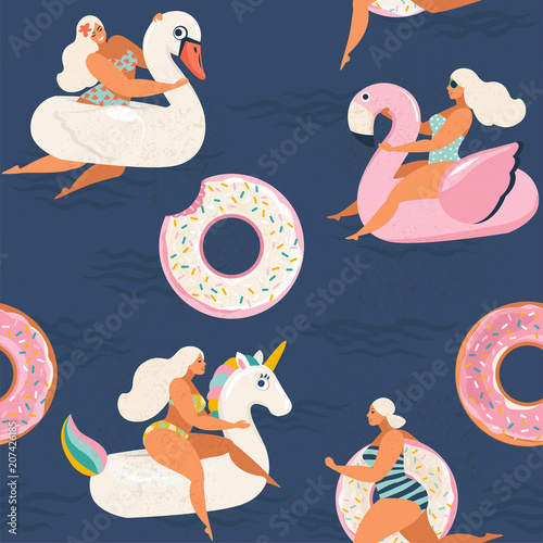 Flamingo, unicorn, swan and sweet donut inflatable swimming pool floats Vector seamless pattern.