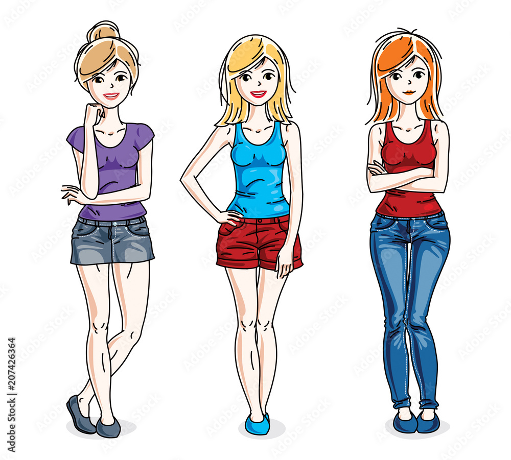 Attractive young women group standing wearing fashionable casual clothes. Vector people illustrations set. Slim female with perfect body. Fashion and lifestyle theme cartoons.