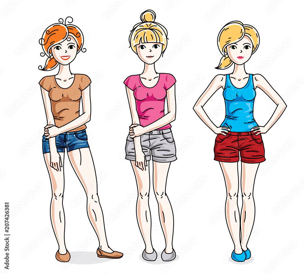 Attractive young women group standing wearing fashionable casual clothes. Vector people illustrations set.