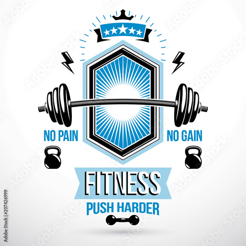 Weight-lifting exercise room vector symbol, barbell composed using kettle bell and dumbbell sport equipment.