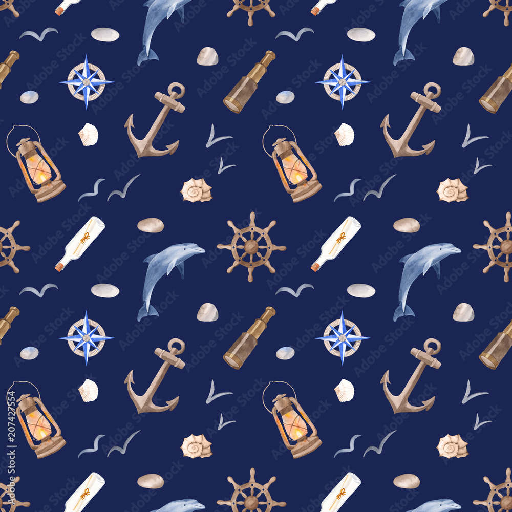 Nautical watercolor seamless pattern. Dolphin, helm, binoculars, a compass, stones, gulls, a lantern, a bottle on a blue background.