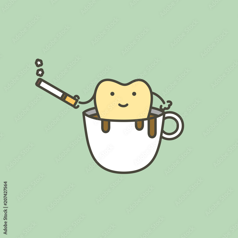 tooth in coffee cup with cigarette, plaque and yellow teeth concept