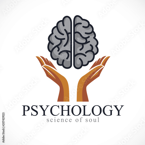 Human anatomical brain with tender guarding hands, mental health psychology conceptual logo or icon, protection of individuality and education. Vector simple classic design.