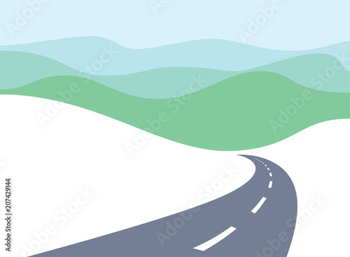Country road curved highway vector perfect design illustration. The way to nature, hills and fields camping and travel theme. Can be used as a road banner or billboard with copy space for text.