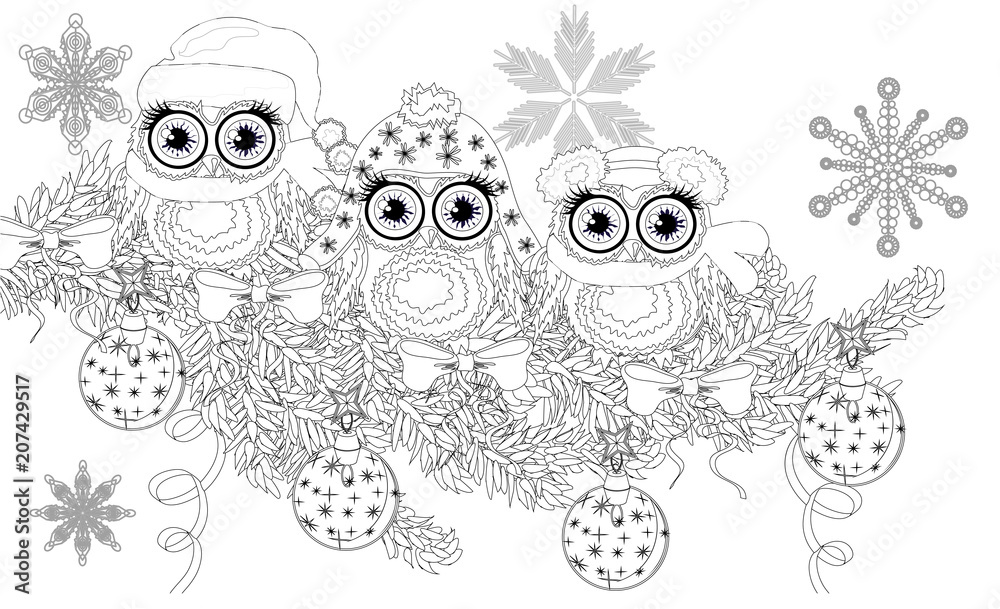 Fototapeta premium Coloring book page of owl and christmas tree for adult and old children. vector illustration. Hand drawn. Zentangle style.