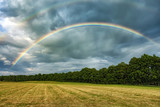 Picture of colourful rainbow at the yellow field with cloudy sky