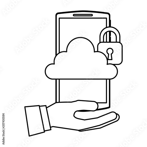 hand holding smartphone with cloud storage cybre security vector illustration photo