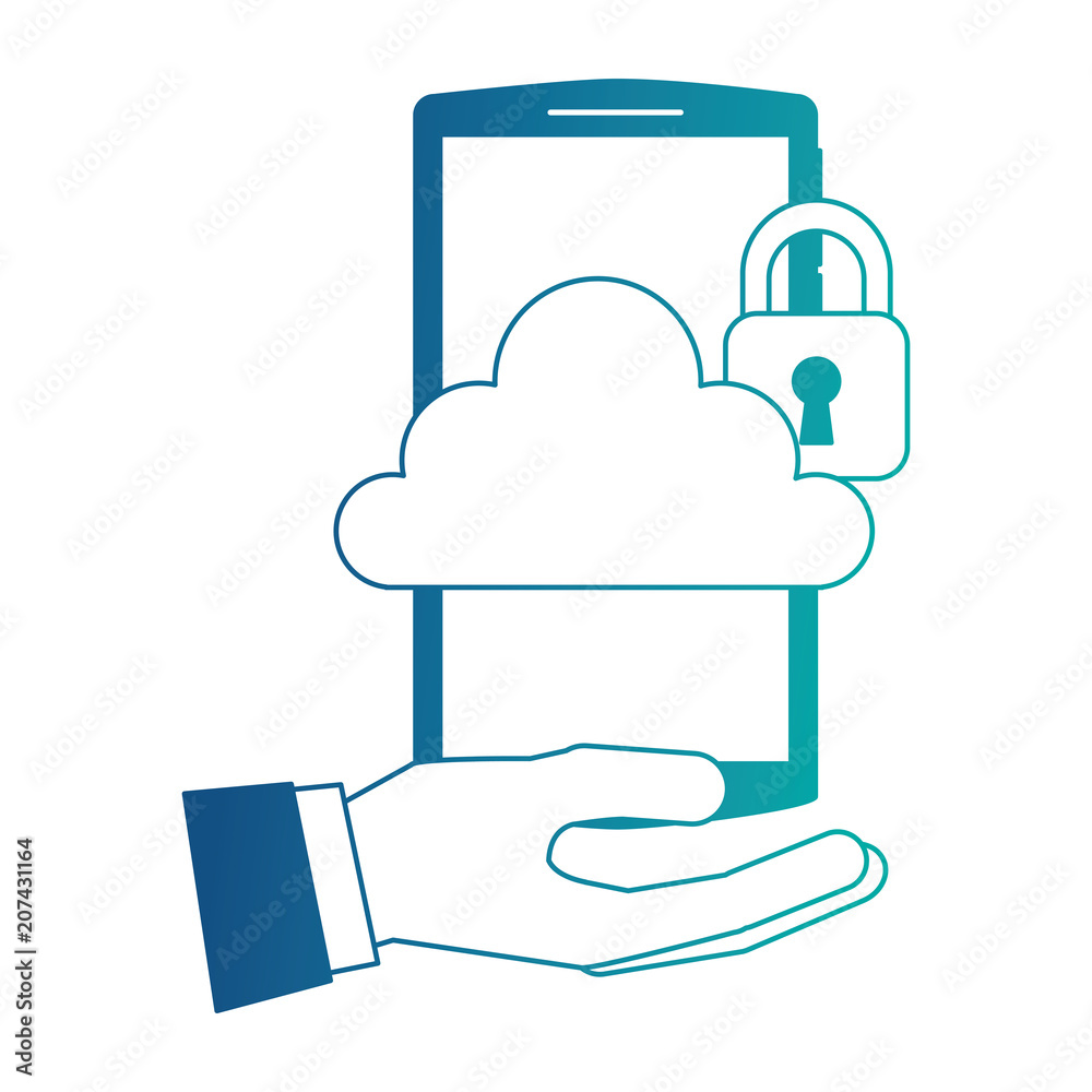 hand holding smartphone with cloud storage cybre security vector illustration hand holding smartphone with cloud storage cybre security vector illustration
