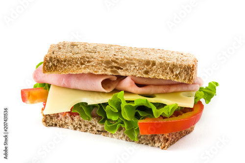 Sandwich with ham, cheese and vegetables isolated on white background

