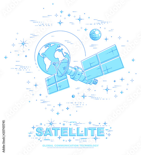 Communication satellite flying orbital spaceflight around earth, spacecraft space station with solar panels and satellite antenna plate, surrounded by stars and other elements. Vector.